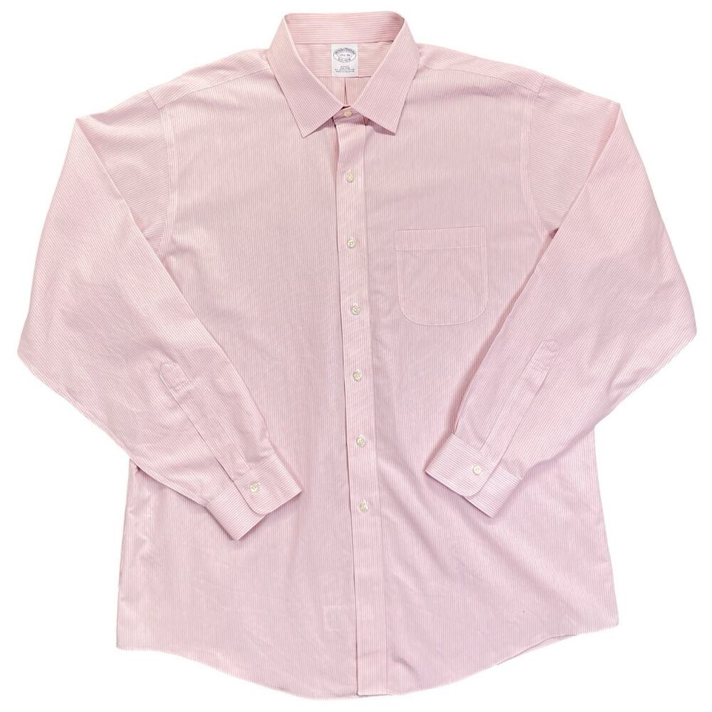 Brooks Brothers Shirt Mens 17.5 36 Slim Fit Non-Iron Pink Striped Supima Cotton